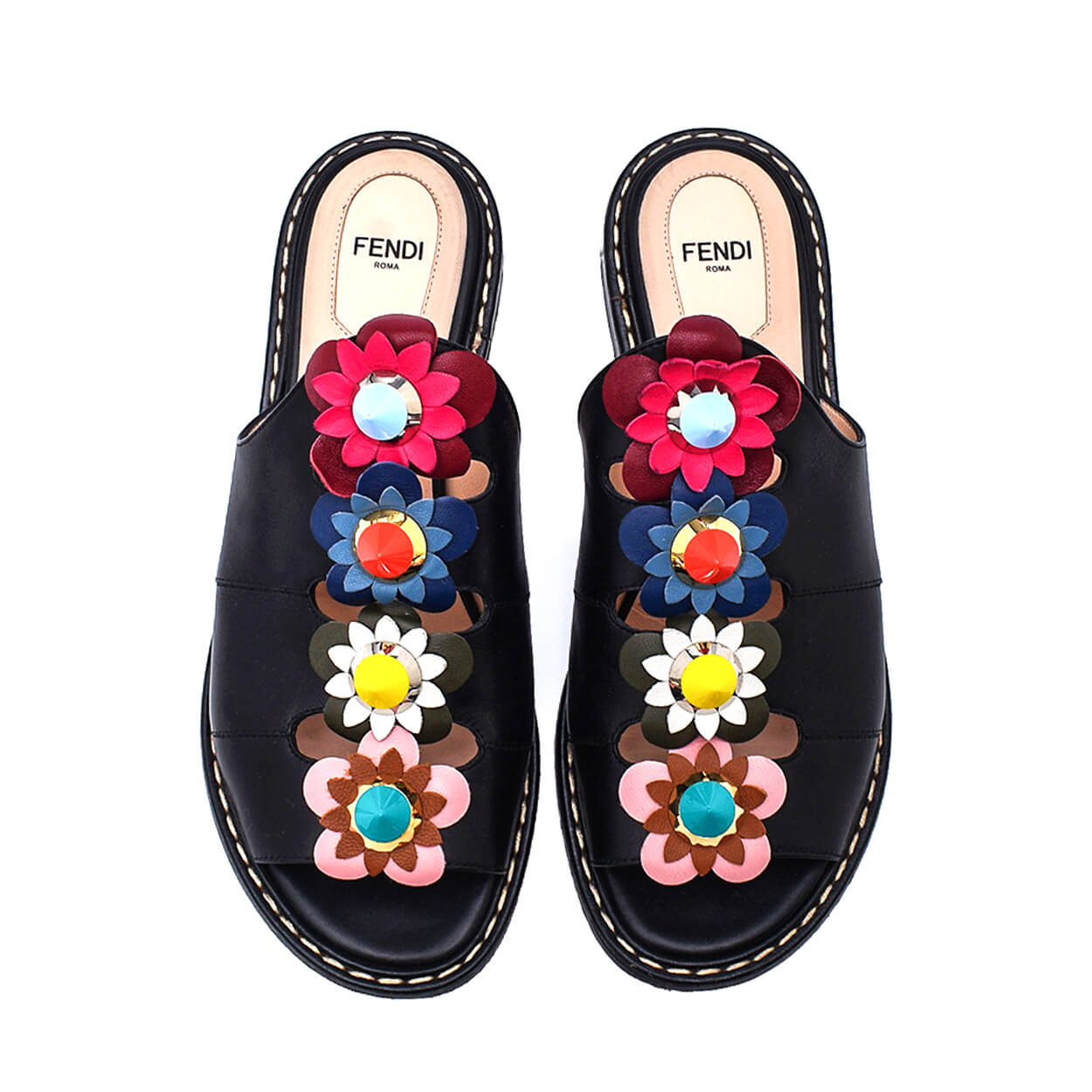 Fendi - Black Floral Leather Slipper 37.5